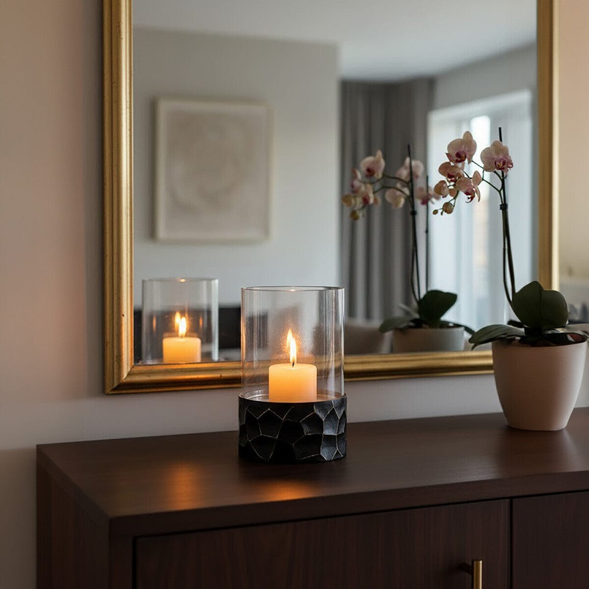 Hamilton Interiors Accessories Akola Black and Gold Small Hurricane Candle Holder House of Isabella UK