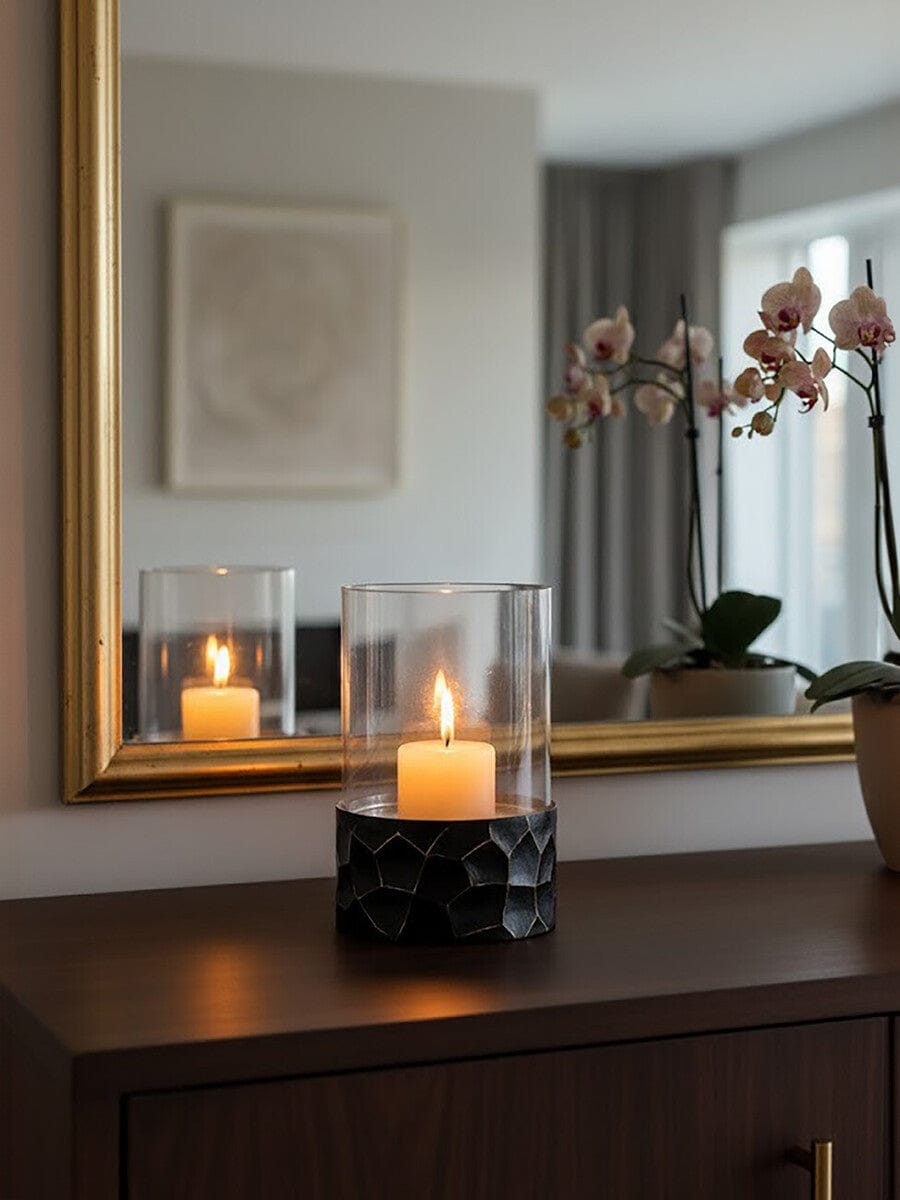 Hamilton Interiors Accessories Akola Black and Gold Small Hurricane Candle Holder House of Isabella UK