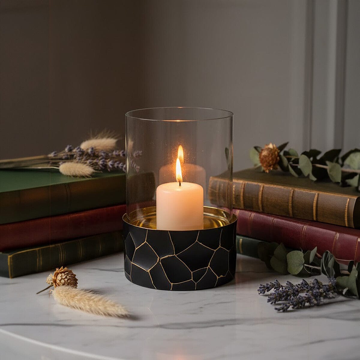 Hamilton Interiors Accessories Akola Black and Gold Small Hurricane Candle Holder House of Isabella UK