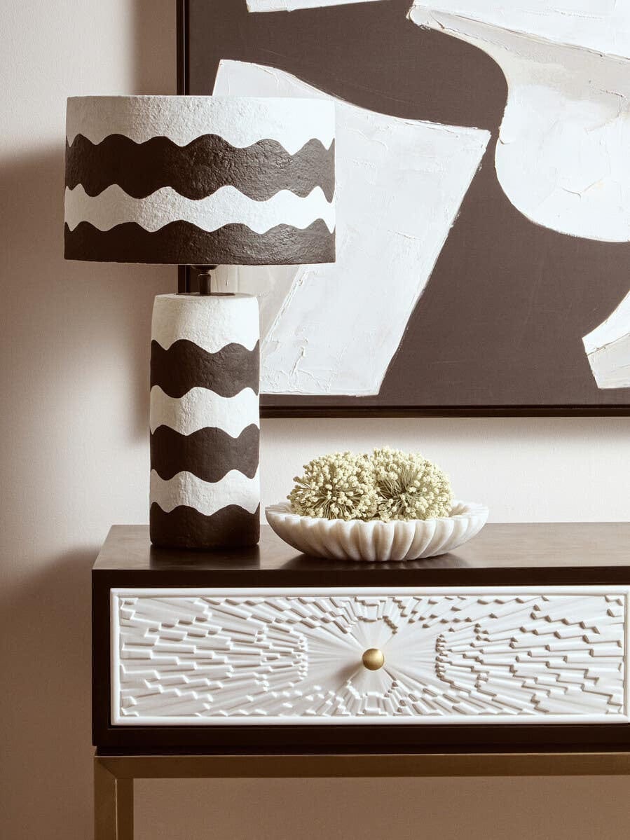 Hamilton Interiors Accessories Carta Black And White Curved Stripe Papier Mache Table Lamp House of Isabella UK