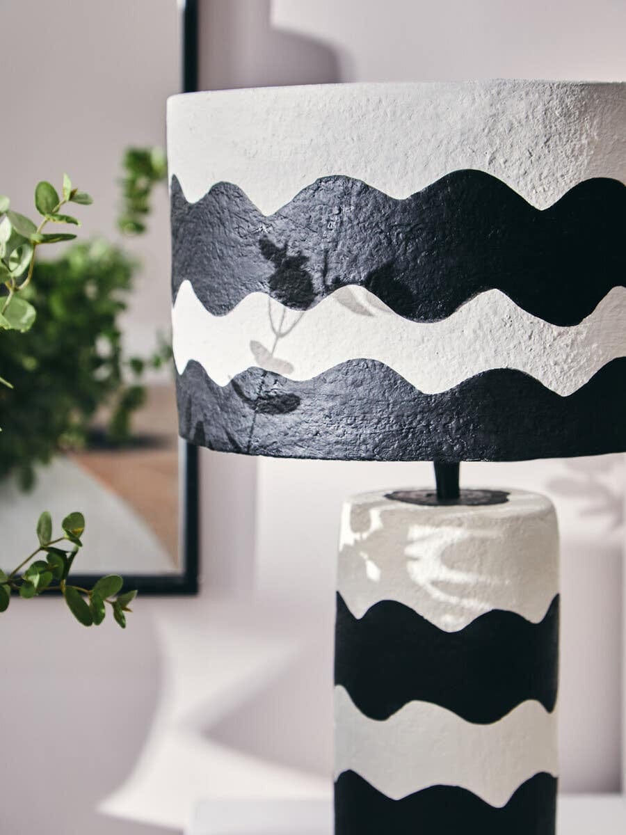 Hamilton Interiors Accessories Carta Black And White Curved Stripe Papier Mache Table Lamp House of Isabella UK