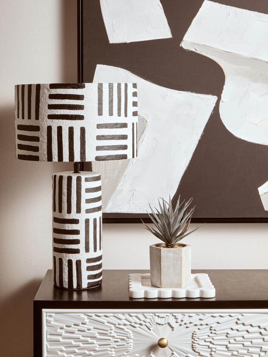 Hamilton Interiors Accessories Carta Black And White Papier Mache Table Lamp with Geometric Lines House of Isabella UK
