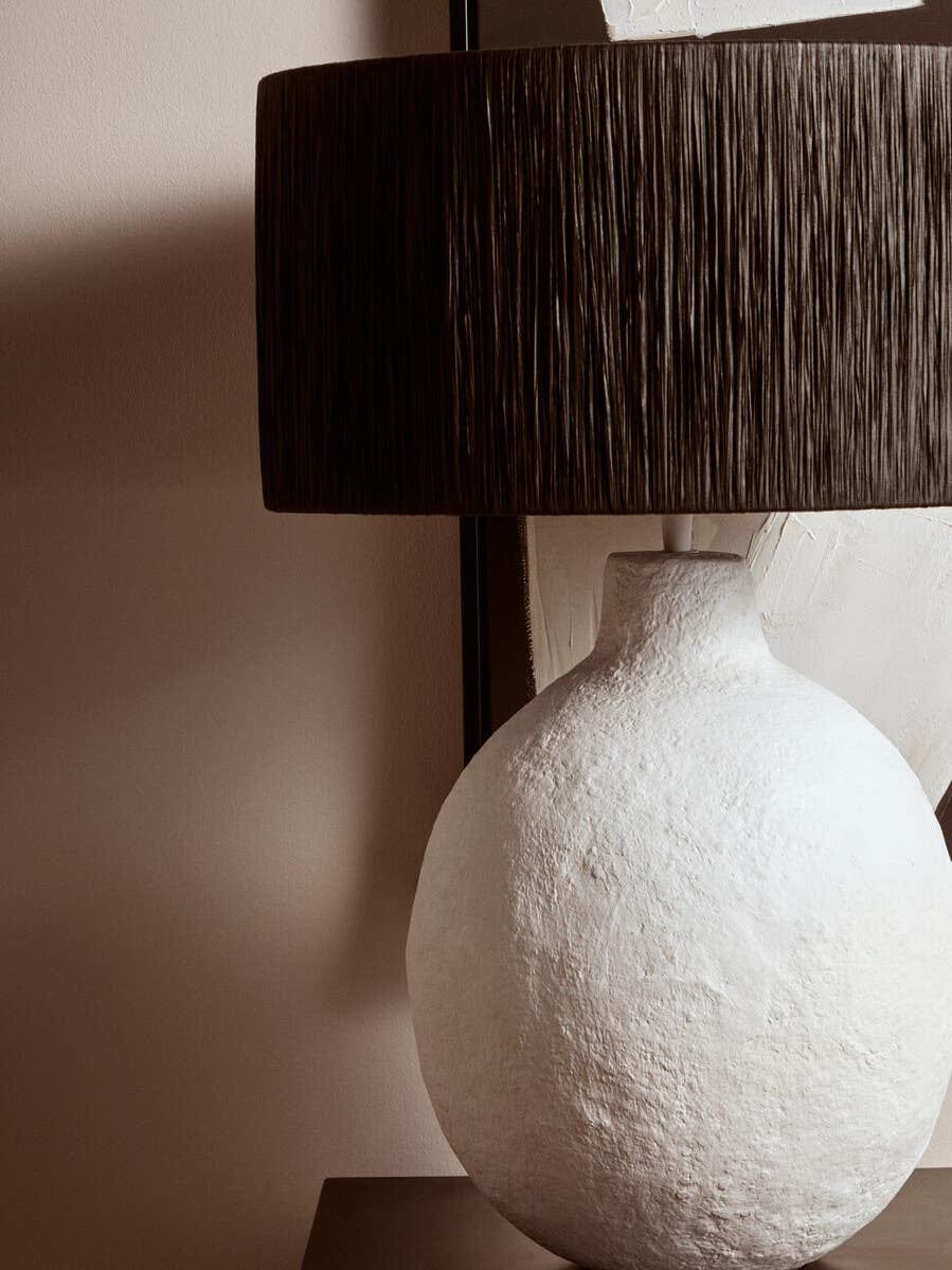 Hamilton Interiors Accessories Carta White Papier Mache Table Lamp With Black Raffia Shade House of Isabella UK