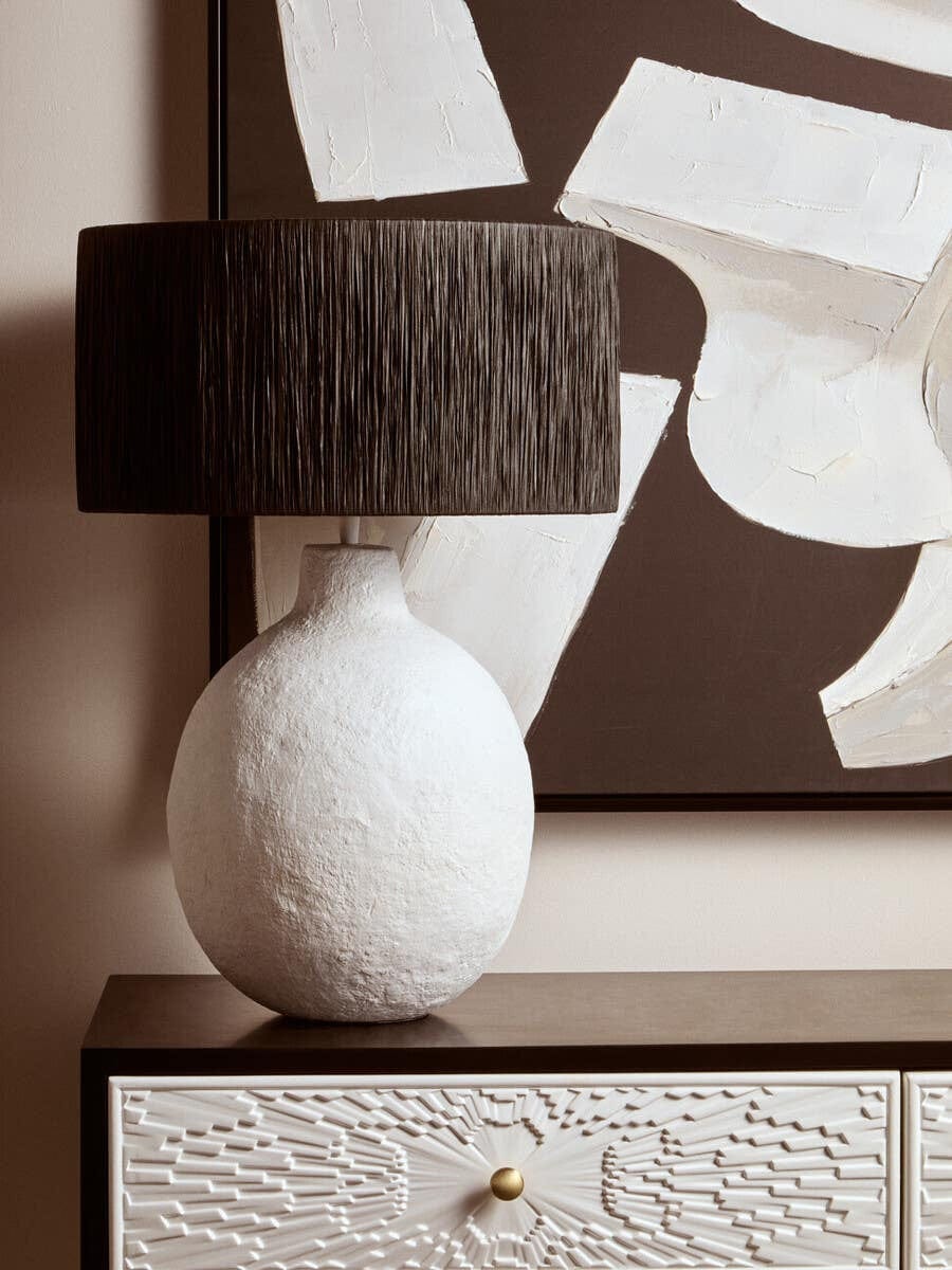 Hamilton Interiors Accessories Carta White Papier Mache Table Lamp With Black Raffia Shade House of Isabella UK