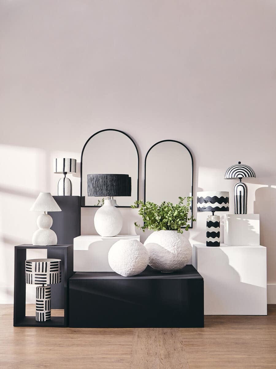 Hamilton Interiors Accessories Carta White Papier Mache Table Lamp With Black Raffia Shade House of Isabella UK