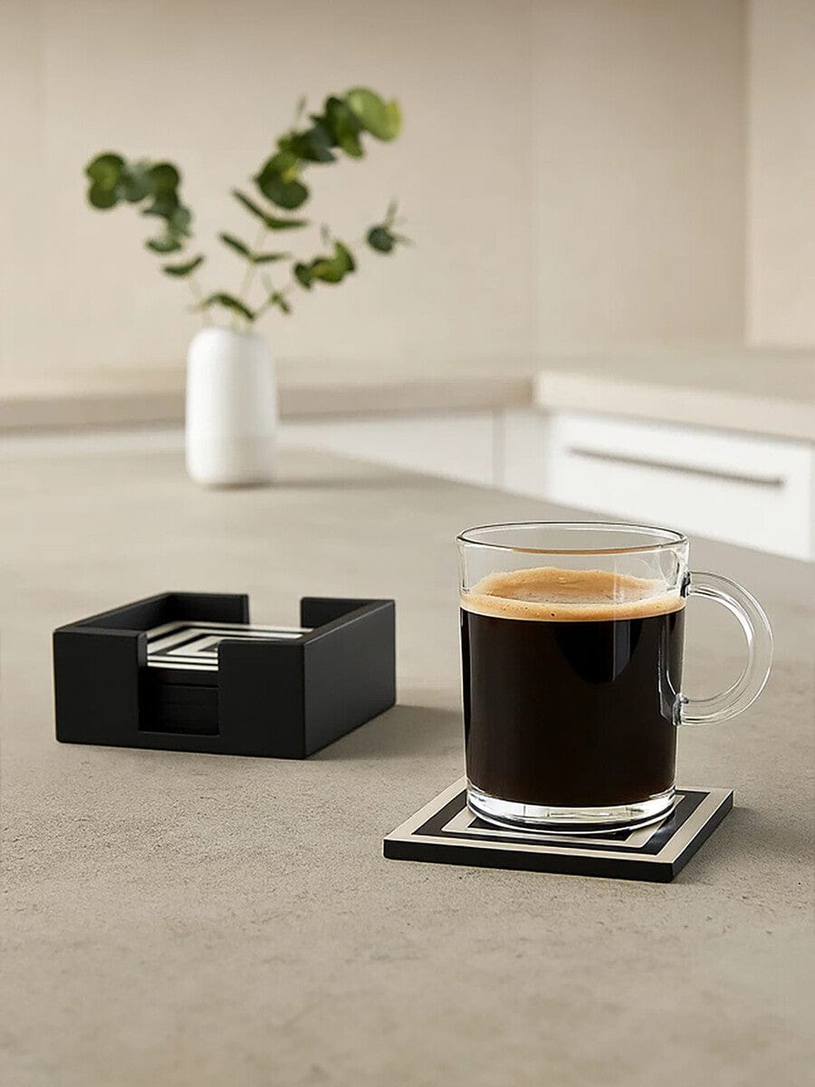 Hamilton Interiors Accessories Donato Set of 4 Black and White Stripe Coasters with Holder House of Isabella UK