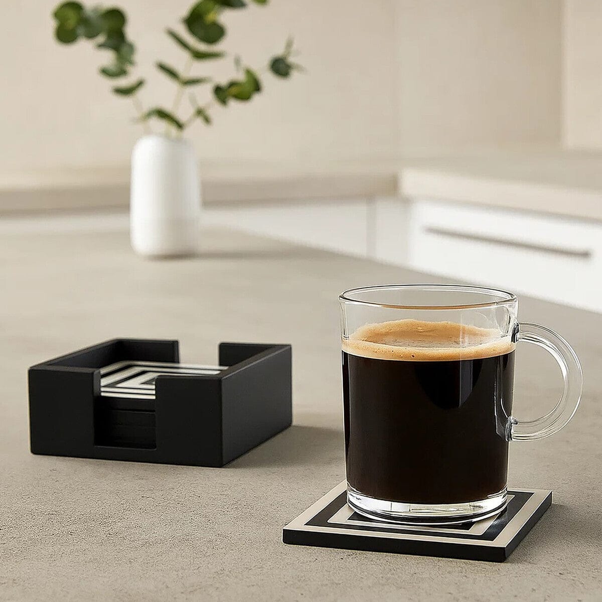 Hamilton Interiors Accessories Donato Set of 4 Black and White Stripe Coasters with Holder House of Isabella UK