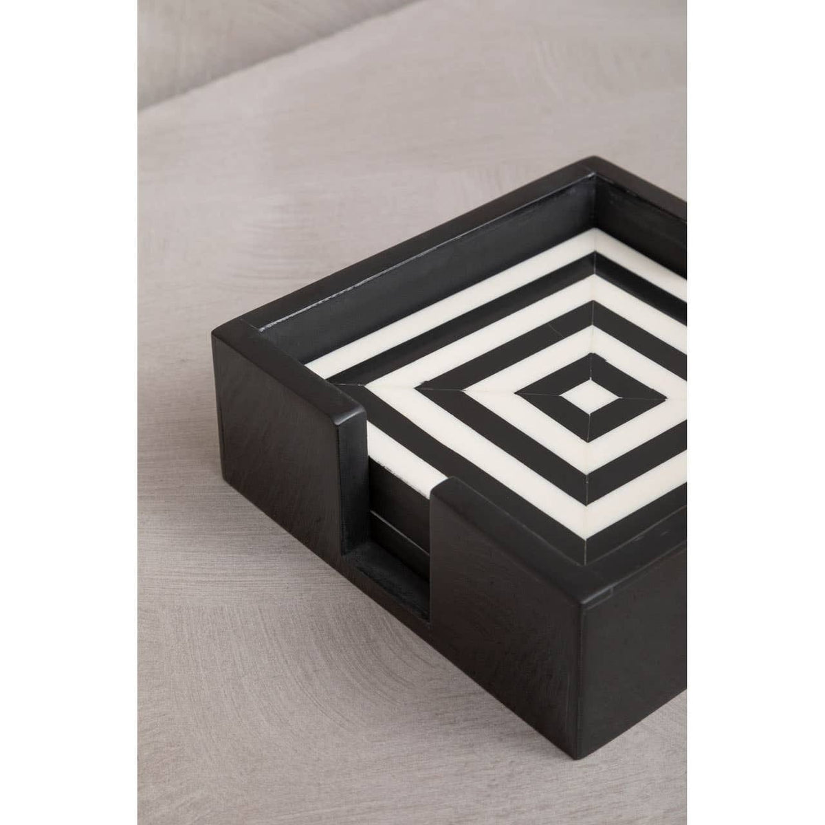 Hamilton Interiors Accessories Donato Set of 4 Black and White Stripe Coasters with Holder House of Isabella UK