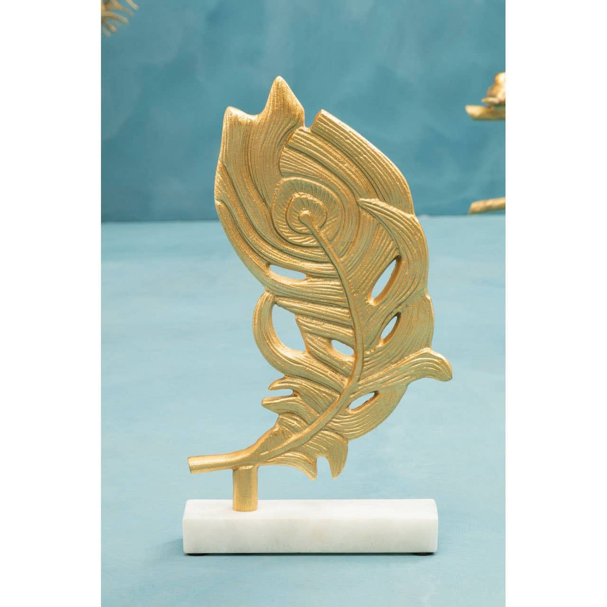 Hamilton Interiors Accessories Evra Gold Peacock Feather Sculpture On White Marble Base House of Isabella UK