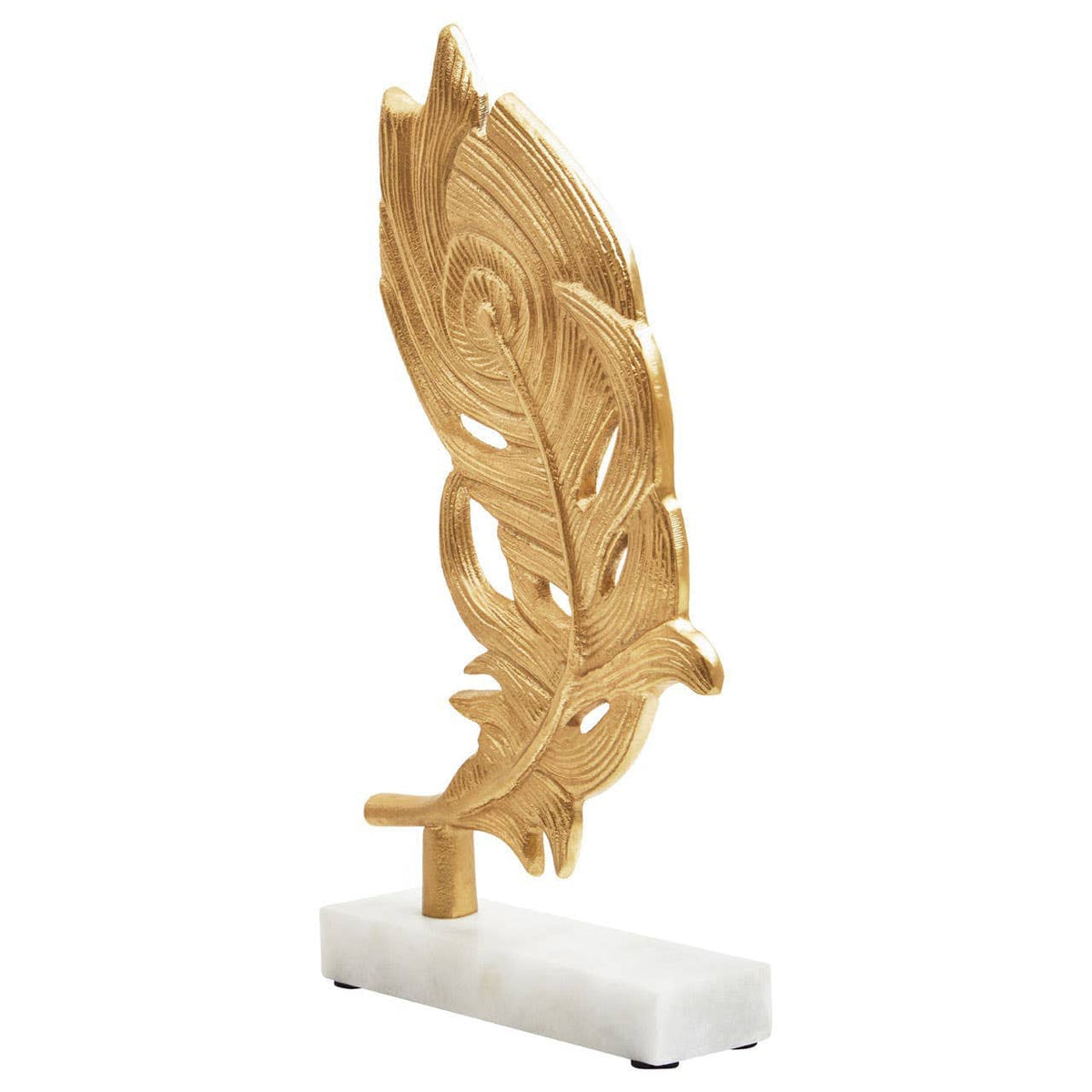 Hamilton Interiors Accessories Evra Gold Peacock Feather Sculpture On White Marble Base House of Isabella UK
