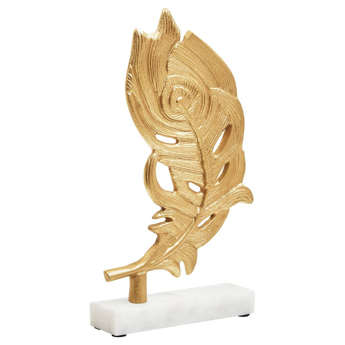 Hamilton Interiors Accessories Evra Gold Peacock Feather Sculpture On White Marble Base House of Isabella UK