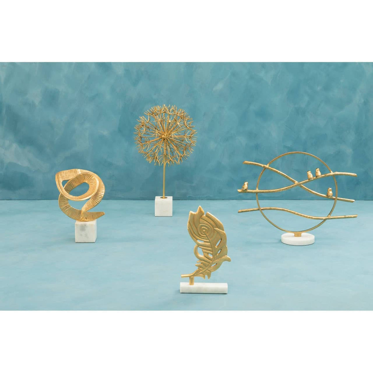 Hamilton Interiors Accessories Evra Gold Peacock Feather Sculpture On White Marble Base House of Isabella UK