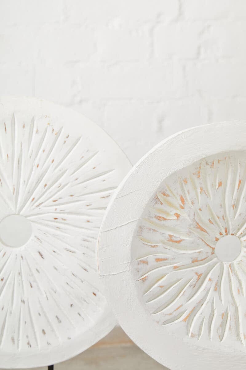 Hamilton Interiors Accessories Fidel Distressed White Carved Wood Large Round Sculpture House of Isabella UK
