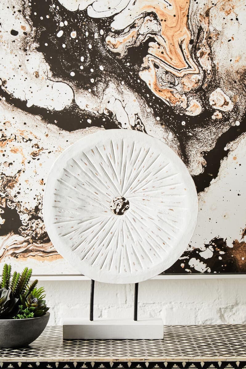 Hamilton Interiors Accessories Fidel Distressed White Carved Wood Large Round Sculpture House of Isabella UK