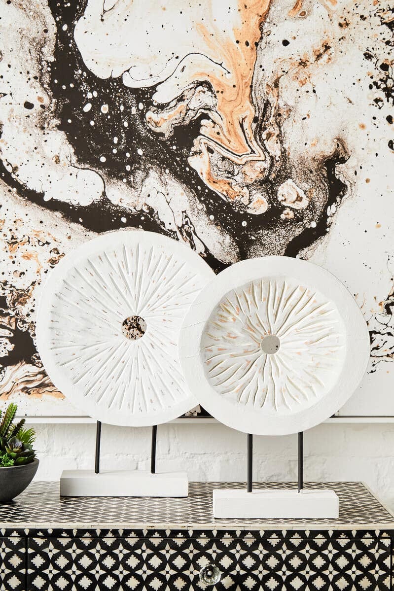 Hamilton Interiors Accessories Fidel Distressed White Carved Wood Large Round Sculpture House of Isabella UK
