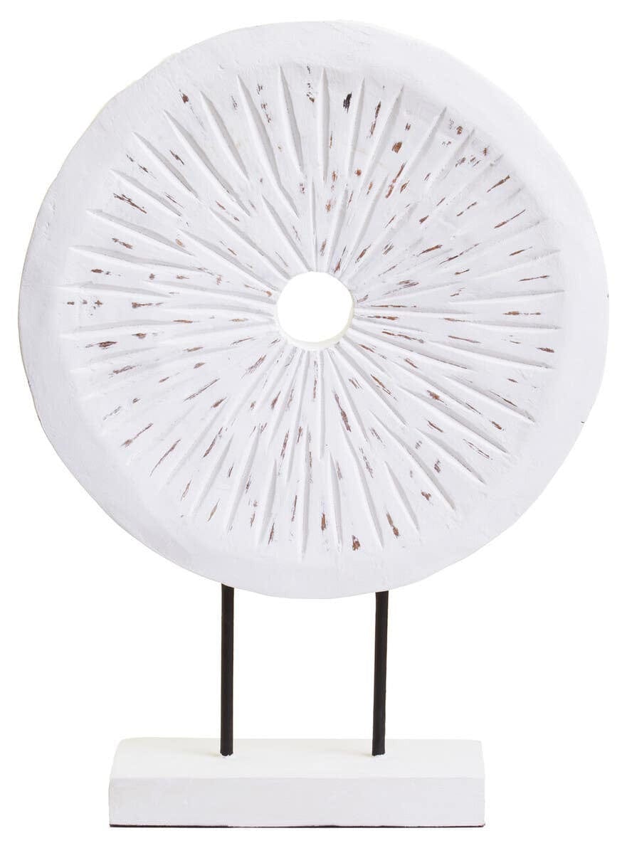 Hamilton Interiors Accessories Fidel Distressed White Carved Wood Large Round Sculpture House of Isabella UK
