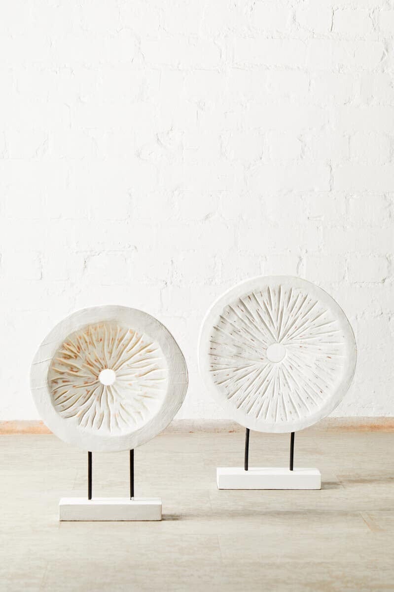 Hamilton Interiors Accessories Fidel Distressed White Carved Wood Large Round Sculpture House of Isabella UK