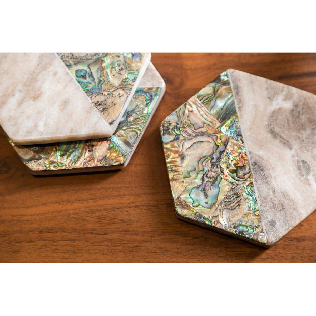 Hamilton Interiors Accessories Imogen Set Of 4 Beige Marble And Paua Shell Coasters House of Isabella UK