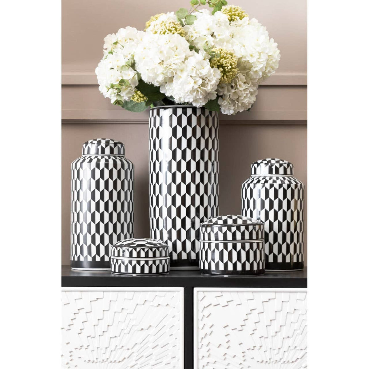 Hamilton Interiors Accessories Marlo Large Black and White Geometric Print Ceramic Jar House of Isabella UK