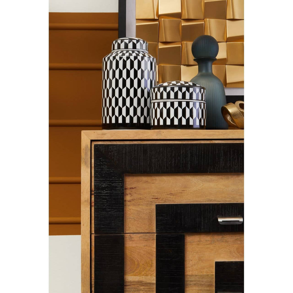 Hamilton Interiors Accessories Marlo Small Black and White Geometric Print Ceramic Jar House of Isabella UK