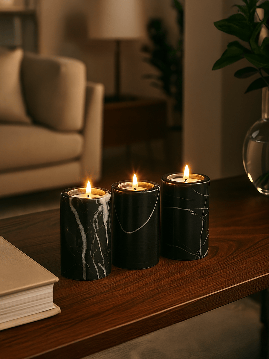 Hamilton Interiors Accessories Salmo Set Of Three Black Marble Tealight Holders House of Isabella UK
