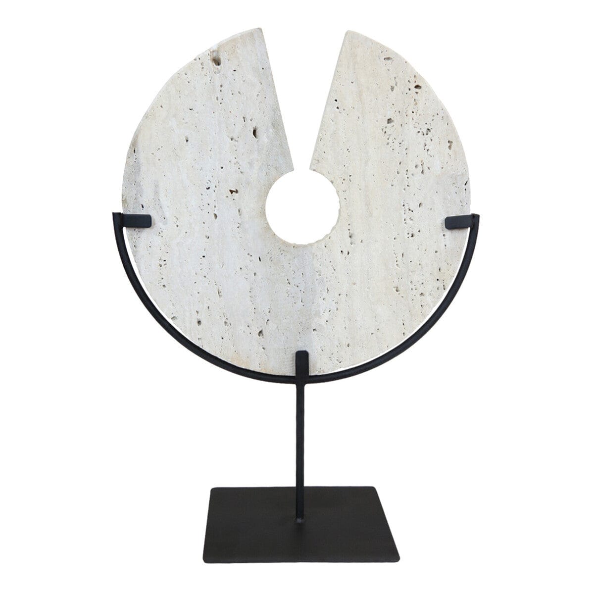 Hamilton Interiors Accessories Tibor Travertine Disc Sculpture with Black Metal Base House of Isabella UK