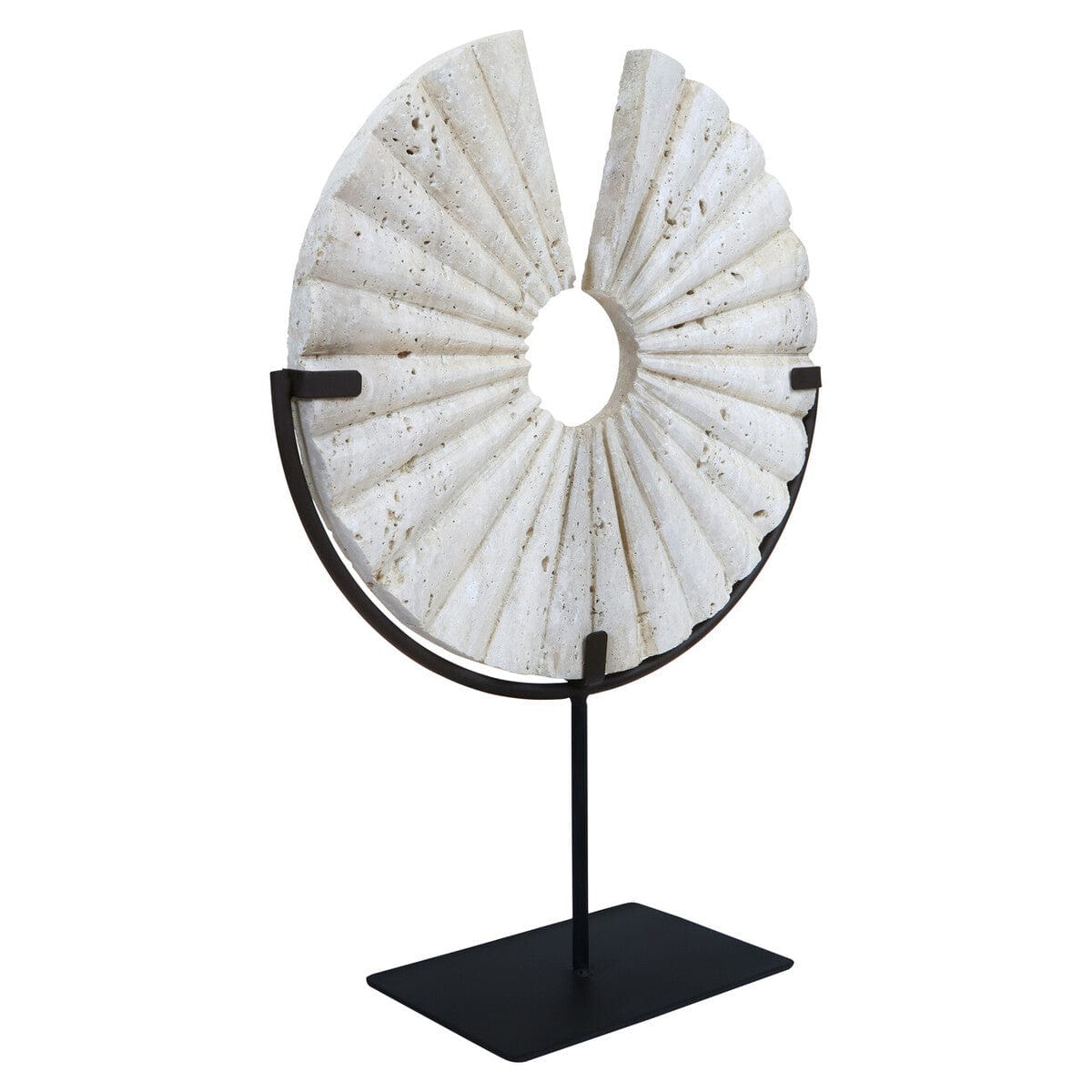 Hamilton Interiors Accessories Tibor Travertine Disc Sculpture with Black Metal Base House of Isabella UK