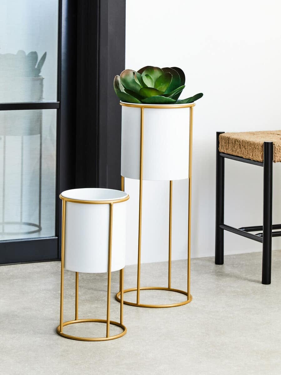 Hamilton Interiors Accessories Trosa Small White And Gold Floor Standing Planter House of Isabella UK