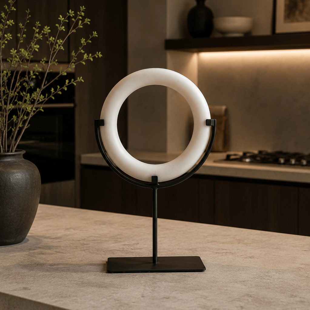 Hamilton Interiors Accessories Zoro White Marble Ring Sculpture on Metal Stand House of Isabella UK