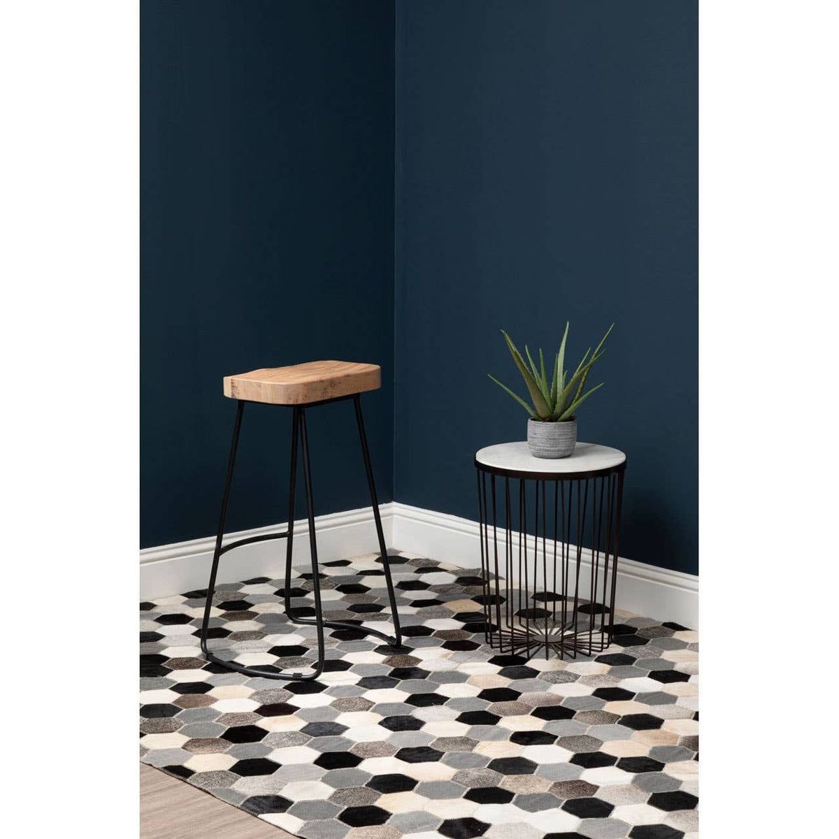 Hamilton Interiors Dining Lyon Oak Wood and Black Metal Bar Stool House of Isabella UK