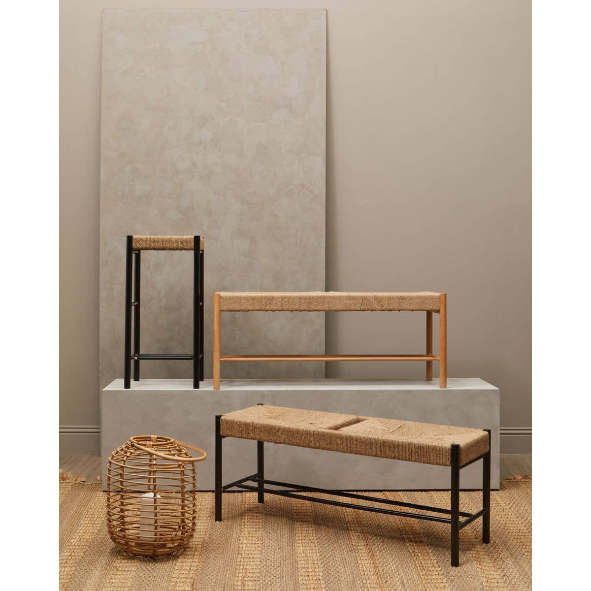 Hamilton Interiors Living Bandar Natural Rope and Black Wood Large Bench House of Isabella UK