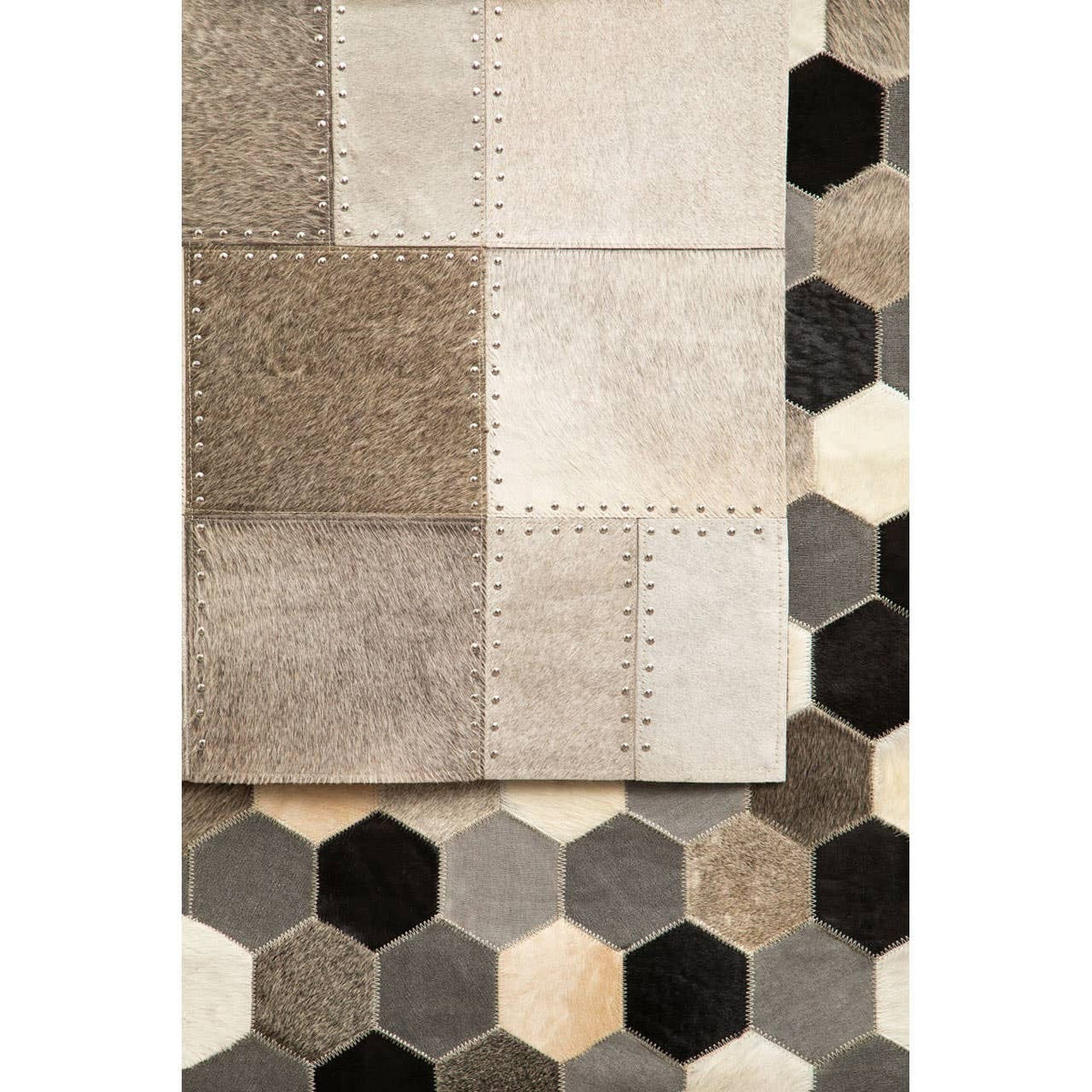 Hamilton Interiors Living Bosie Safira Small Grey Hair on Leather Patchwork Rug House of Isabella UK