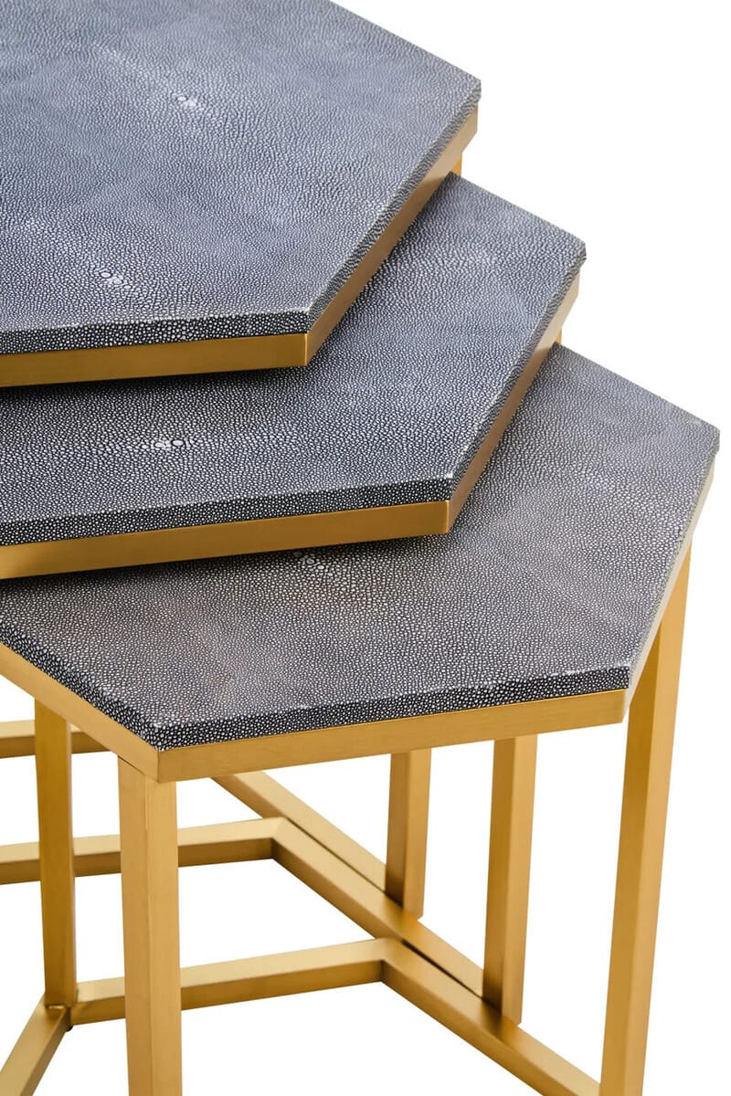 Hamilton Interiors Living Cardona Nest of Three Hexagonal Blue Shagreen Effect Tables House of Isabella UK