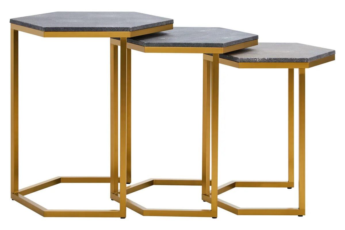 Hamilton Interiors Living Cardona Nest of Three Hexagonal Blue Shagreen Effect Tables House of Isabella UK