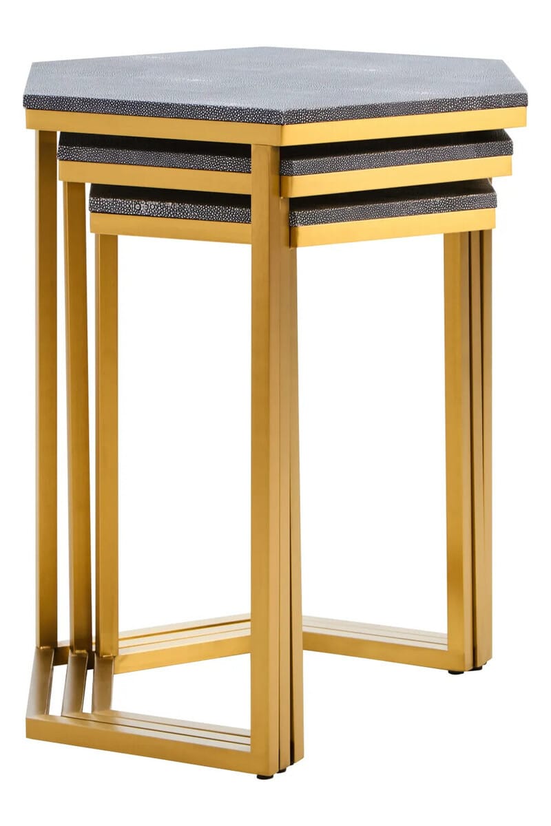 Hamilton Interiors Living Cardona Nest of Three Hexagonal Blue Shagreen Effect Tables House of Isabella UK