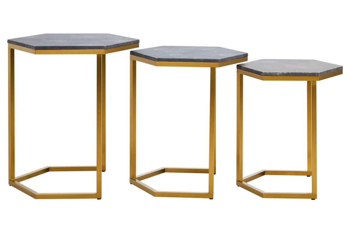 Hamilton Interiors Living Cardona Nest of Three Hexagonal Blue Shagreen Effect Tables House of Isabella UK