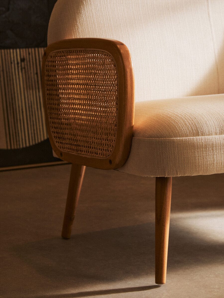Hamilton Interiors Living Cebu Ivory Fabric and Cane 2 Seat Sofa with Elm Wood Legs House of Isabella UK