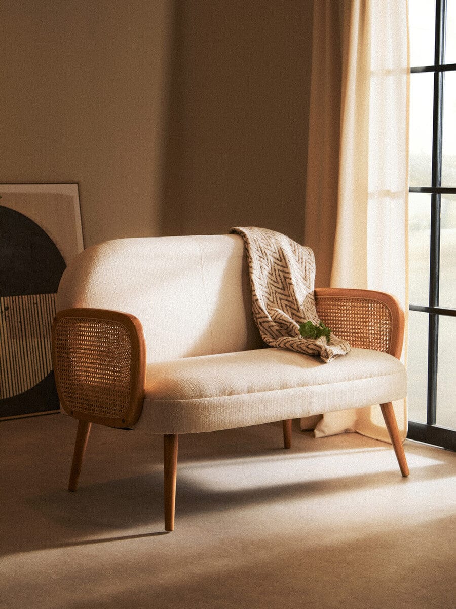 Hamilton Interiors Living Cebu Ivory Fabric and Cane 2 Seat Sofa with Elm Wood Legs House of Isabella UK