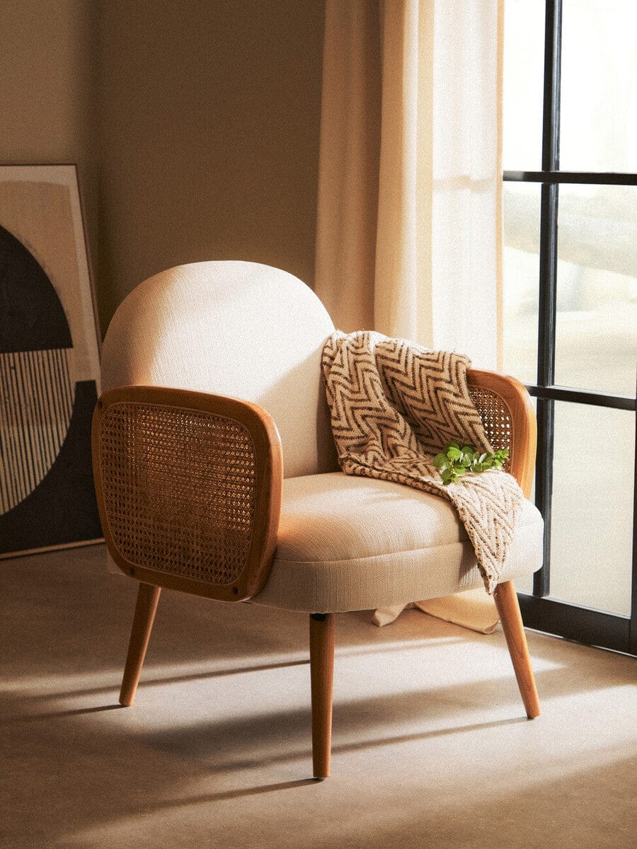 Hamilton Interiors Living Cebu Ivory Fabric and Cane Chair with Elm Wood Legs House of Isabella UK