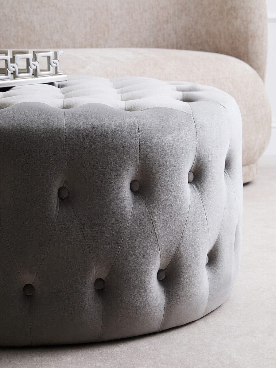 Hamilton Interiors Living Haley Grey Velvet Round Tufted Footstool House of Isabella UK