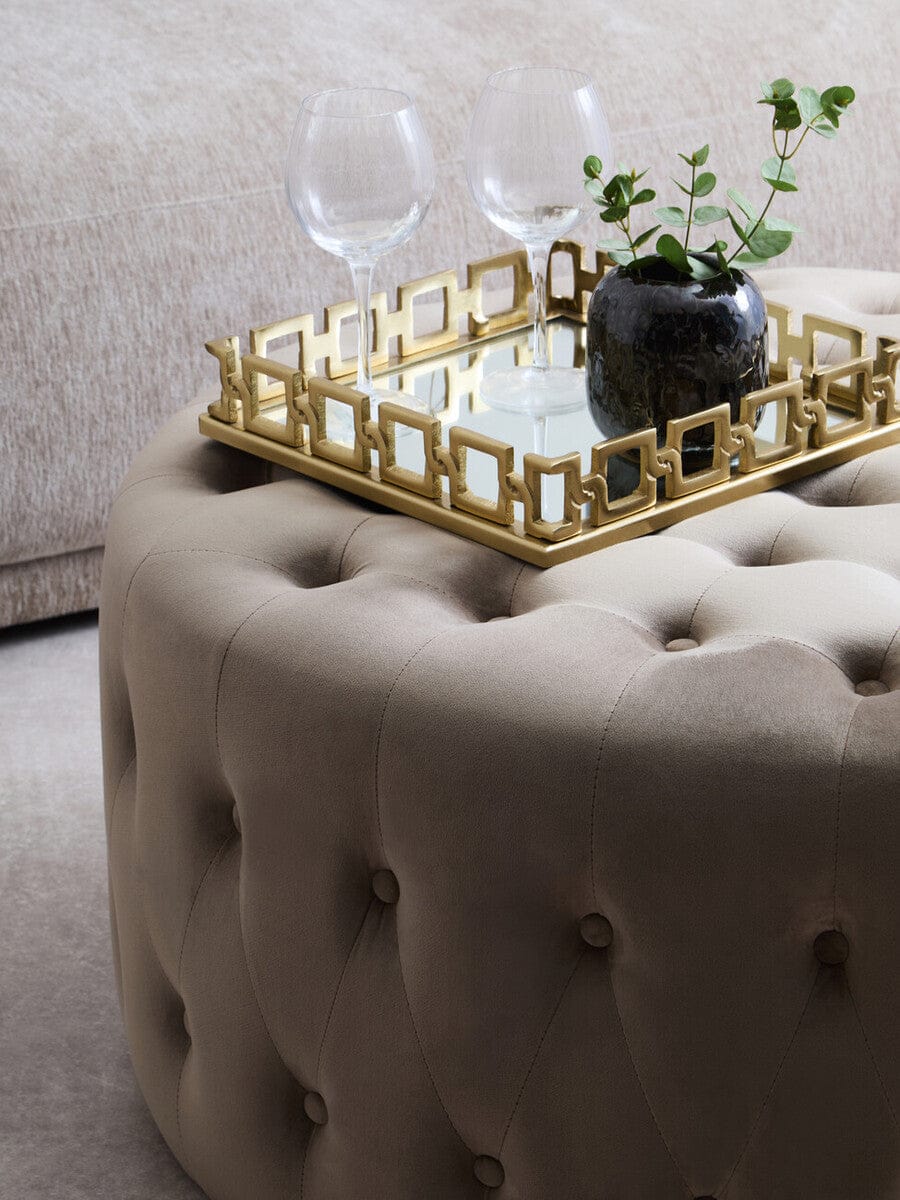 Hamilton Interiors Living Haley Mink Velvet Round Tufted Footstool House of Isabella UK