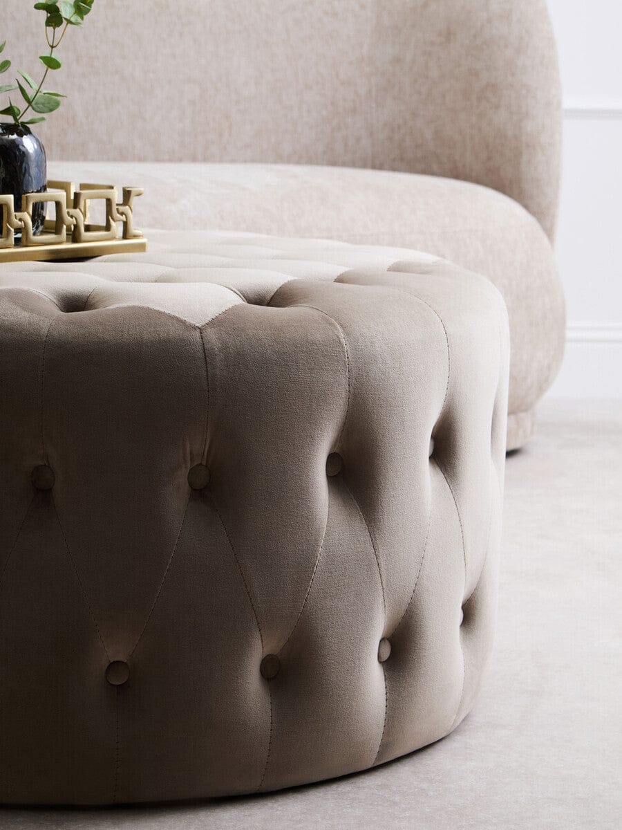 Hamilton Interiors Living Haley Mink Velvet Round Tufted Footstool House of Isabella UK