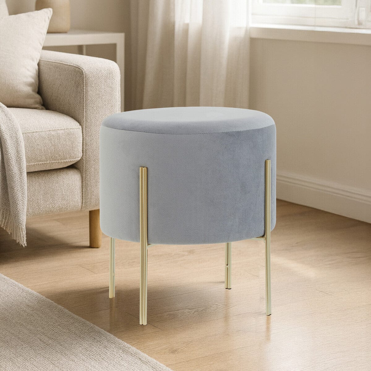 Hamilton Interiors Living Hayes Round Grey Velvet Stool House of Isabella UK