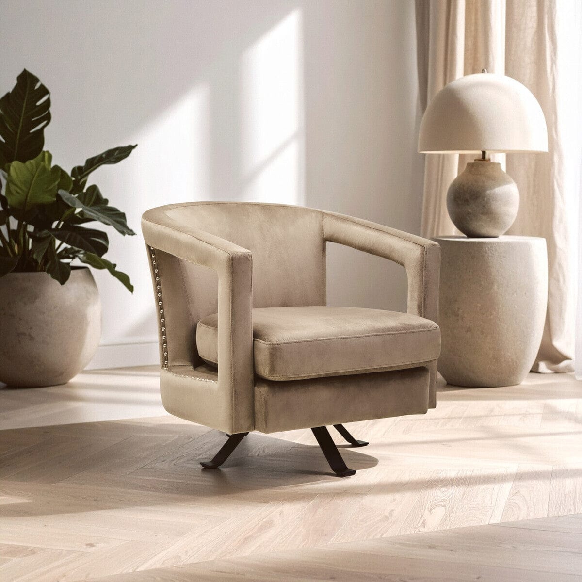 Hamilton Interiors Living Hestia Mink Velvet Swivel Chair House of Isabella UK