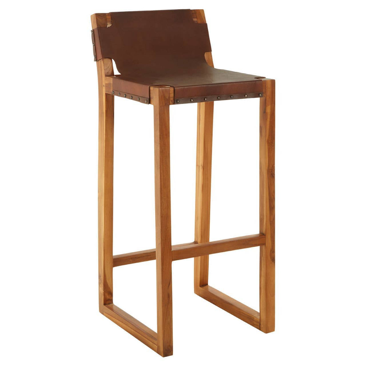 Hamilton Interiors Living Kendari Brown Leather Bar Chair with Teak Wood Frame House of Isabella UK