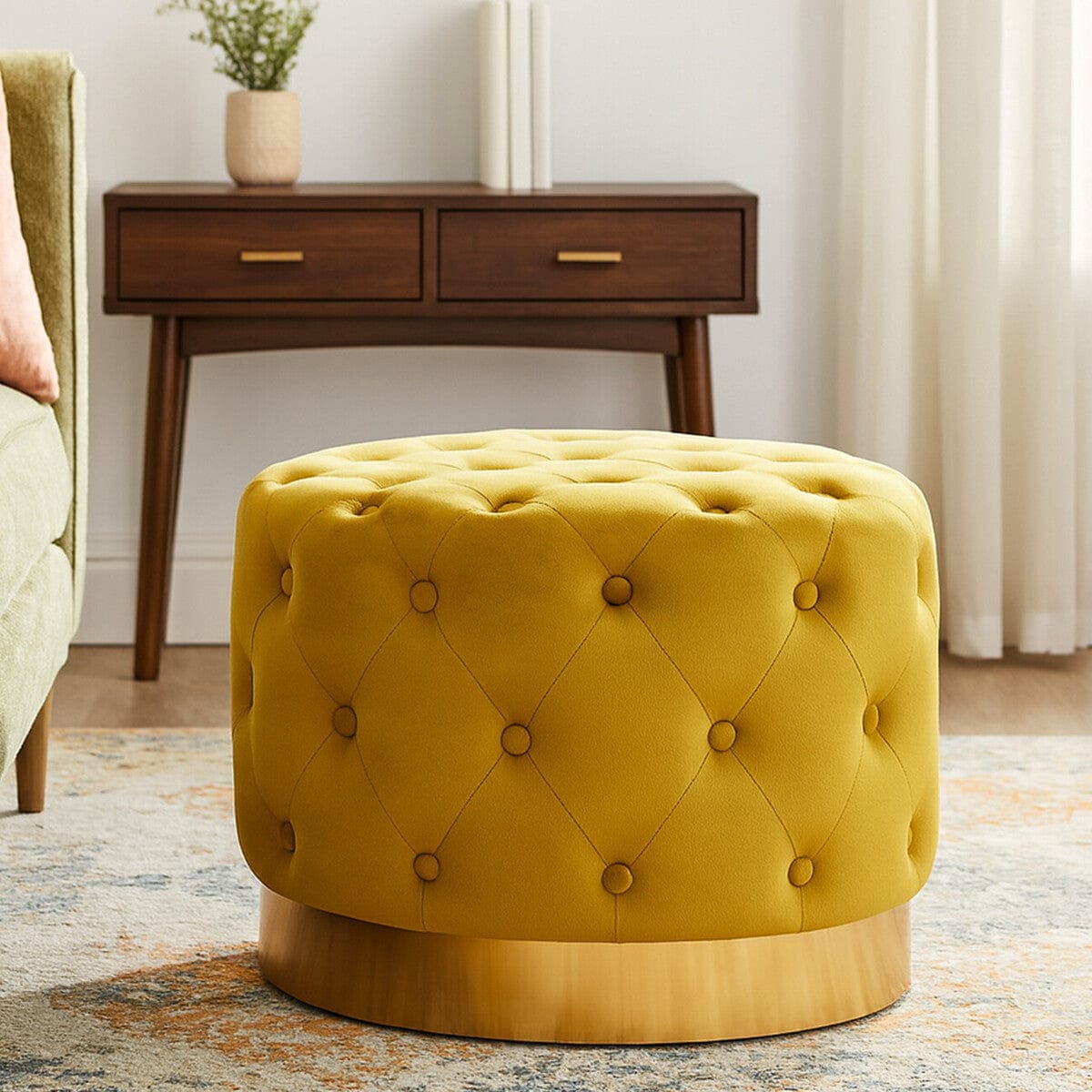 Hamilton Interiors Living Loretta Pistachio Velvet Stool With Matte Gold Finish Base House of Isabella UK