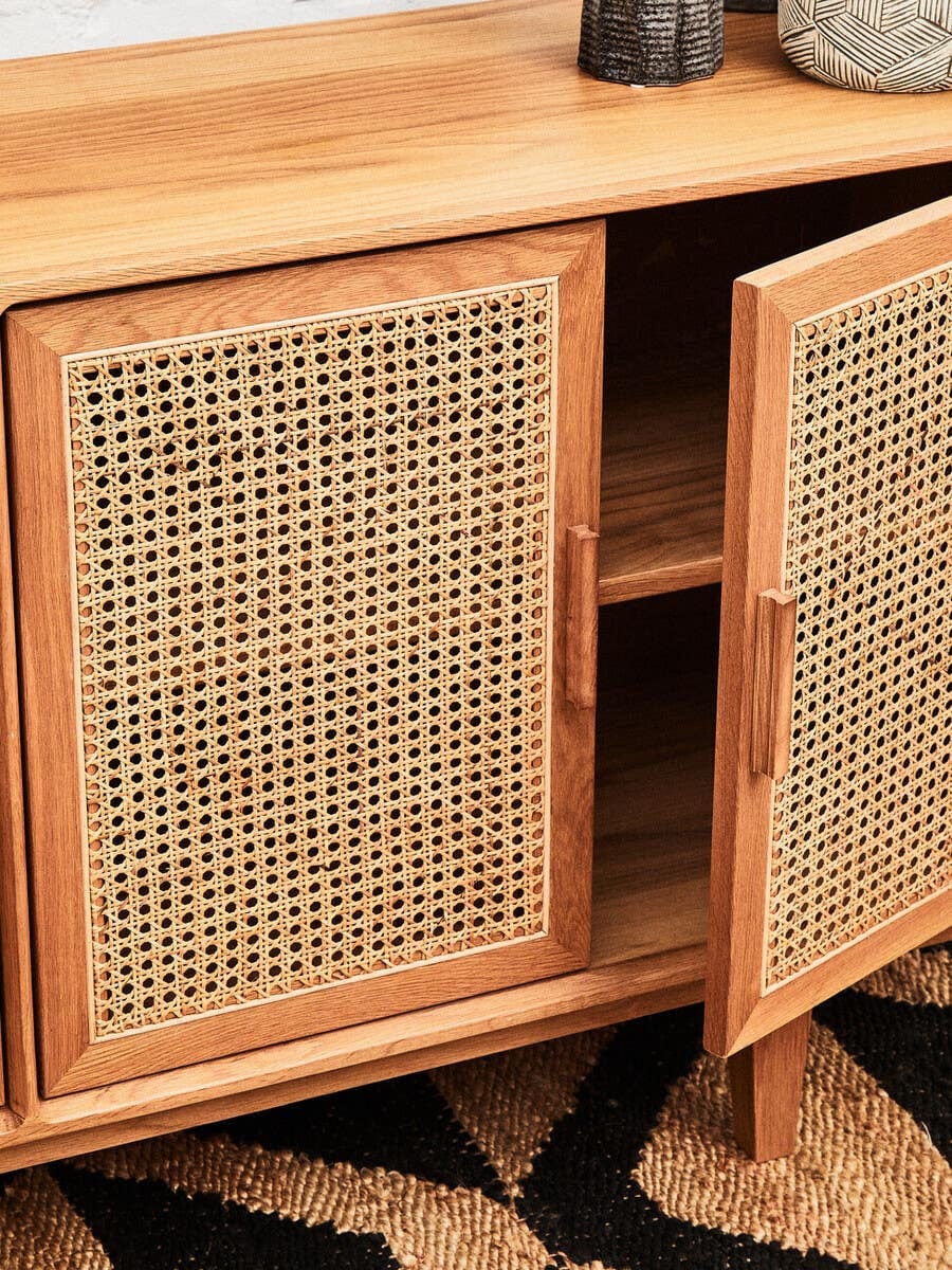 Hamilton Interiors Living Lyon Rattan and Oak Wood 4 Door Sideboard House of Isabella UK