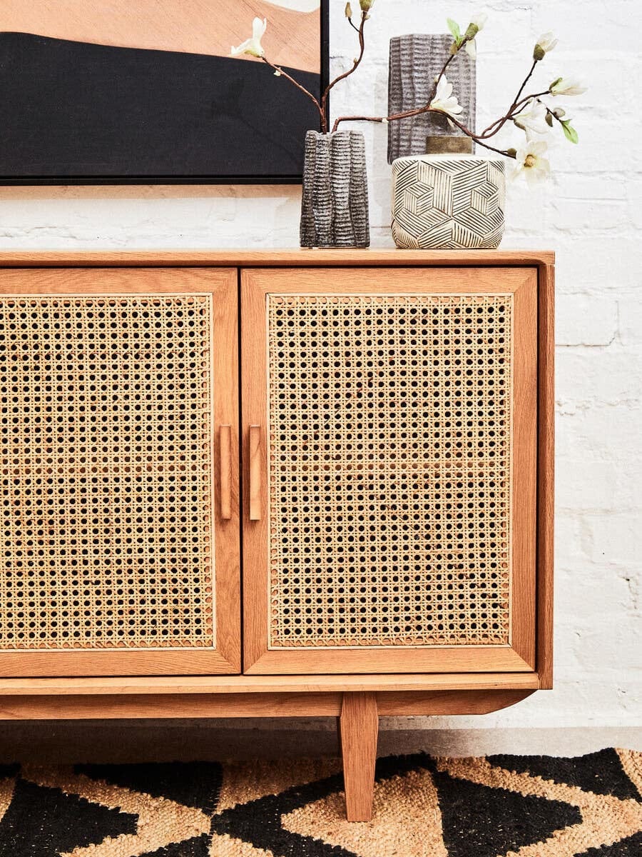 Hamilton Interiors Living Lyon Rattan and Oak Wood 4 Door Sideboard House of Isabella UK