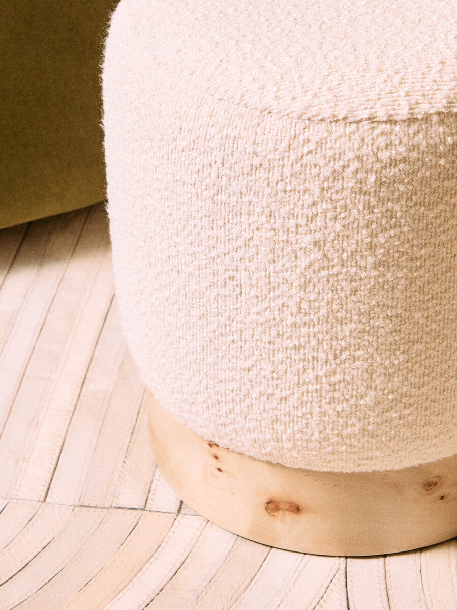 Hamilton Interiors Living Mota Burl Wood And Cream Boucle Round Stool House of Isabella UK