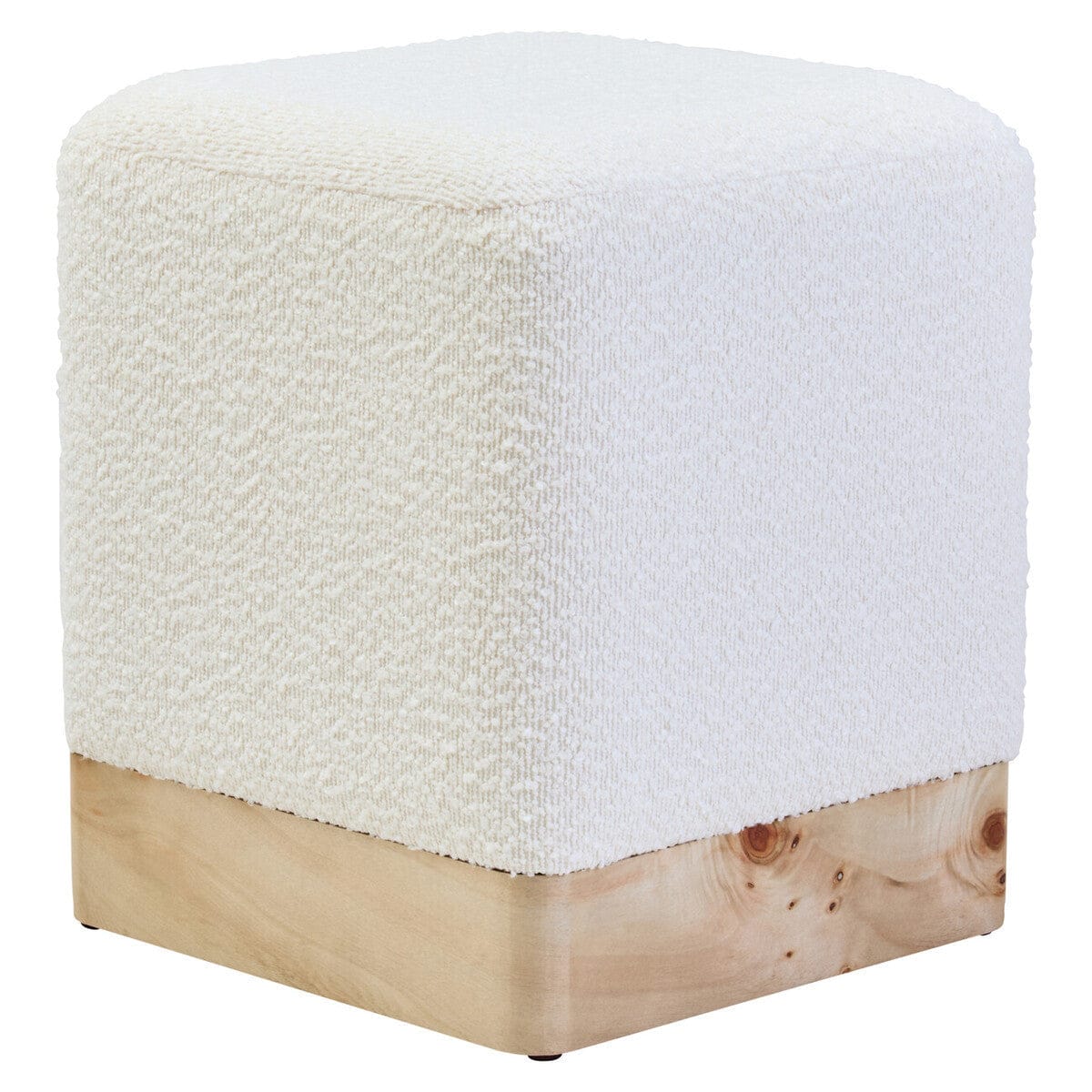 Hamilton Interiors Living Mota Burl Wood And Cream Boucle Sqaure Stool House of Isabella UK